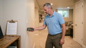 What Happens During a Professional Mold Inspection? | DMV Mold | inspector using moisture meter in finished basement